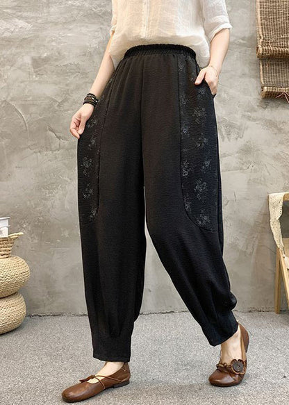 Pantalon sarouel d'été en coton à poches imprimées noires taille haute AU1048