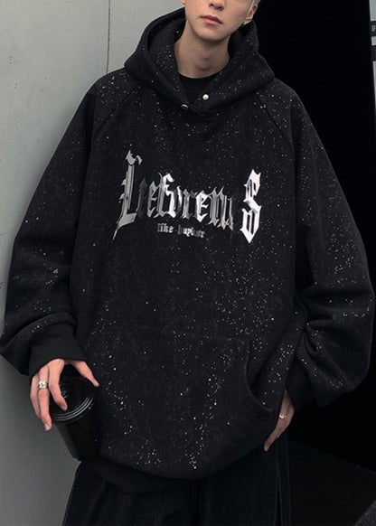 Sweat-shirt à capuche noir en coton avec poches et imprimé à paillettes pour homme