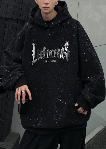 Sweat-shirt à capuche noir en coton avec poches et imprimé à paillettes pour homme