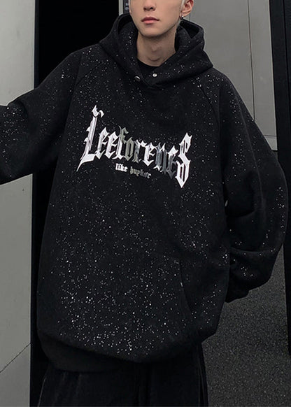 Sweat-shirt à capuche noir en coton avec poches et imprimé à paillettes pour homme