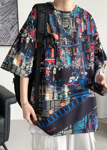 Print Cotton Summer Mens O Open Neck T Black Side Shirts