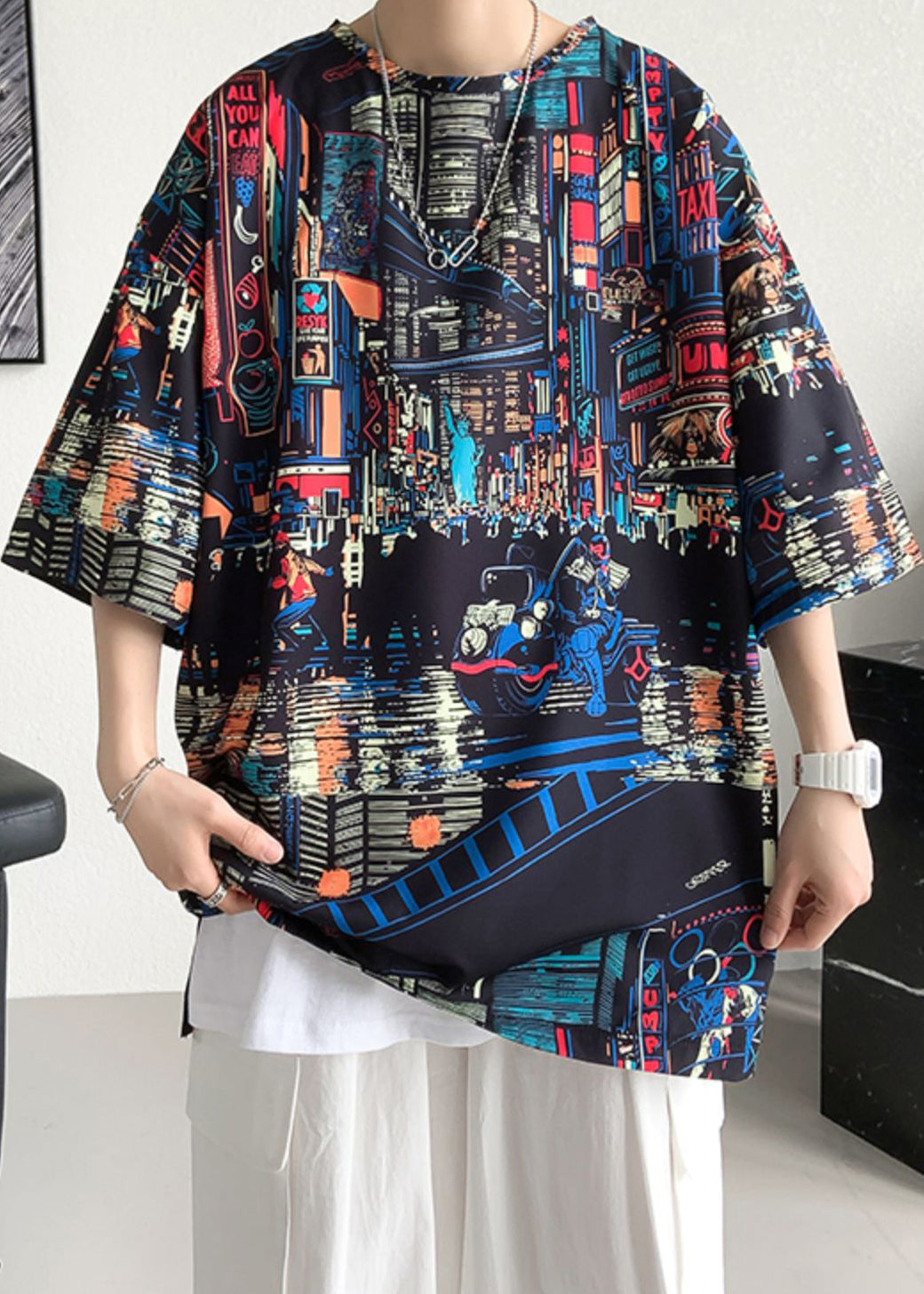 Print Cotton Summer Mens O Open Neck T Black Side Shirts