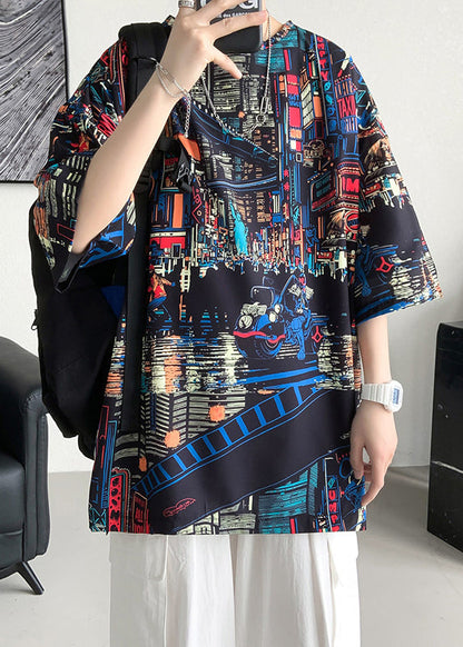 Print Cotton Summer Mens O Open Neck T Black Side Shirts