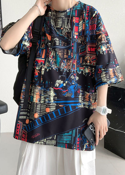 Print Cotton Summer Mens O Open Neck T Black Side Shirts