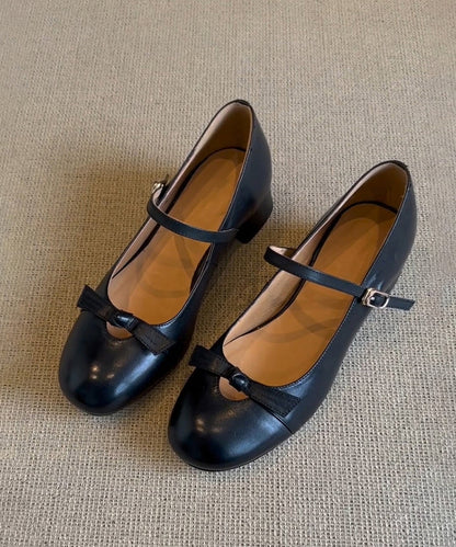 Chunky Sheepskin Strap Black Splicing Shoes Bow Buckle