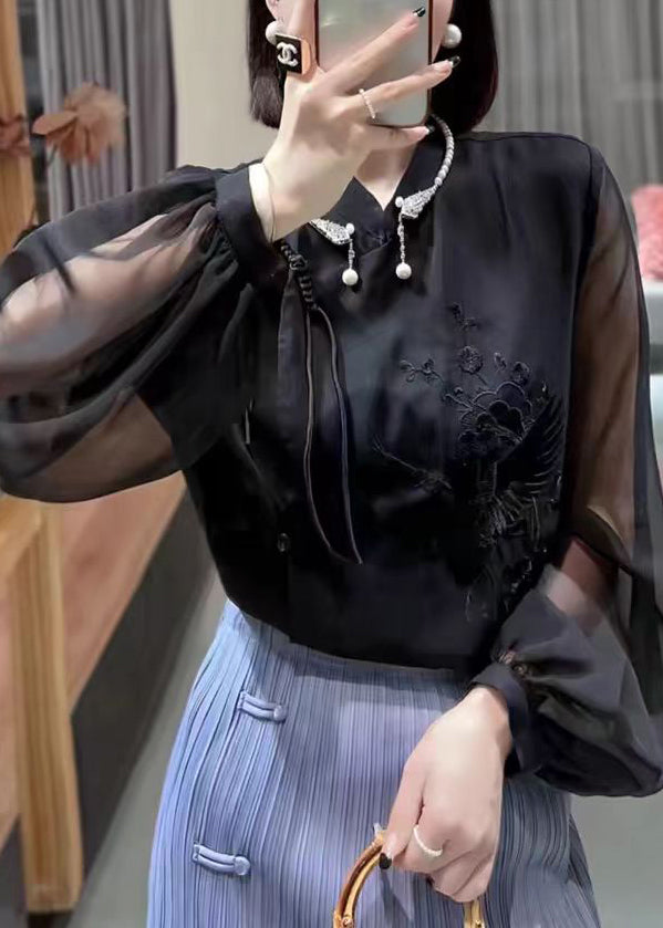 Black Solid Button Chiffon Blouses Stand Collar Lantern Sleeve Ada Fashion