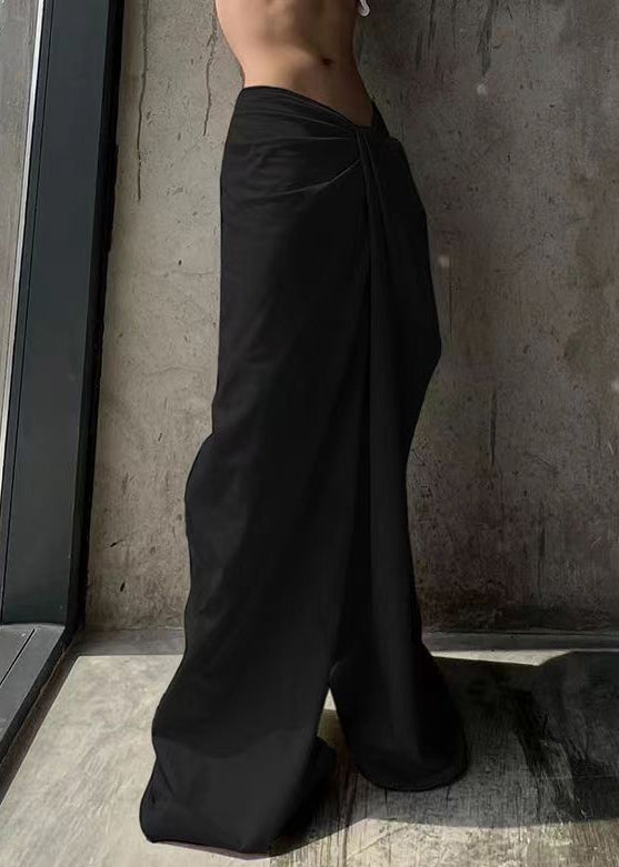 Black Solid Cotton Wide Leg Summer Pants Asymmetrical PP023