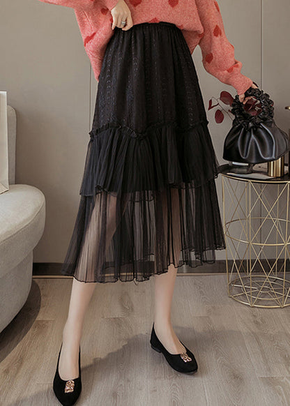 Black Solid Lace Patchwork Chiffon Skirts Elastic Waist Ada Fashion