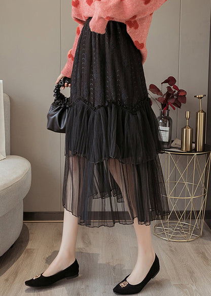 Black Solid Lace Patchwork Chiffon Skirts Elastic Waist Ada Fashion