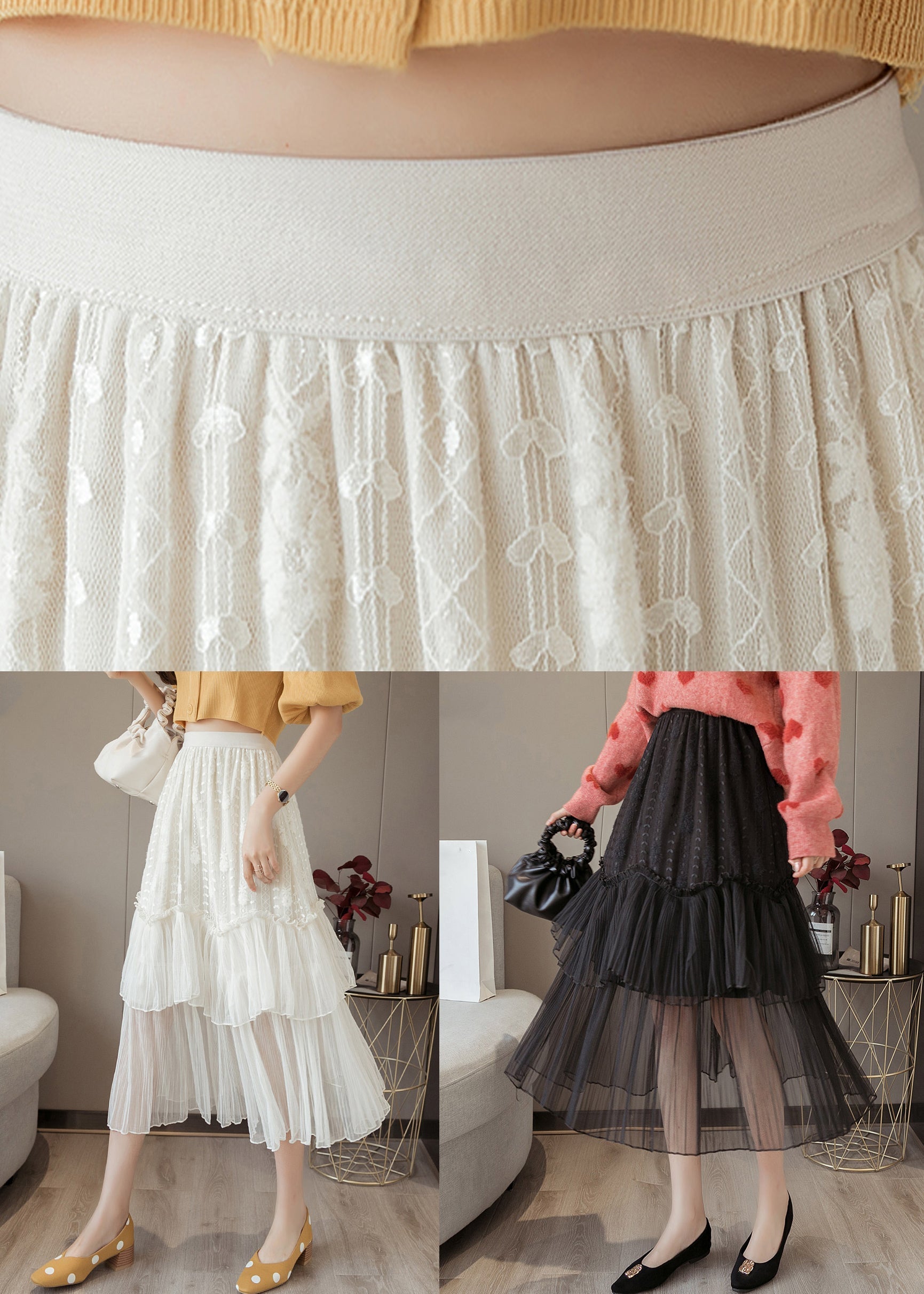 Black Solid Lace Patchwork Chiffon Skirts Elastic Waist Ada Fashion