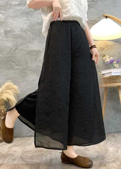 Pantalon d'été large en lin noir uni taille haute AU1069