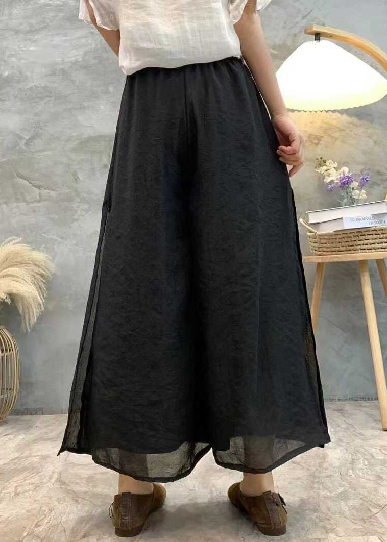 Black Solid Linen Summer Wide Leg Pants High Waist AU1069