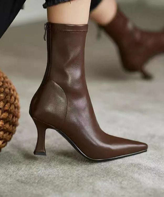 Schwarze Spleiß-High-Heel-Stiefel mit spitzer Zehenpartie und Reißverschluss OM010