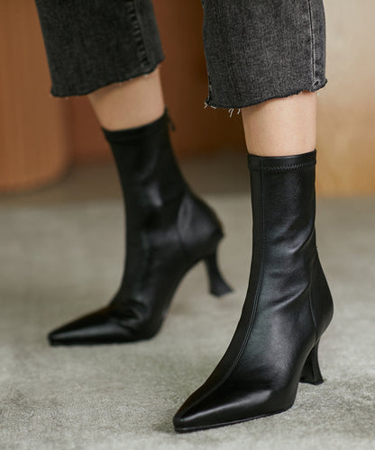 Schwarze Spleiß-High-Heel-Stiefel mit spitzer Zehenpartie und Reißverschluss OM010