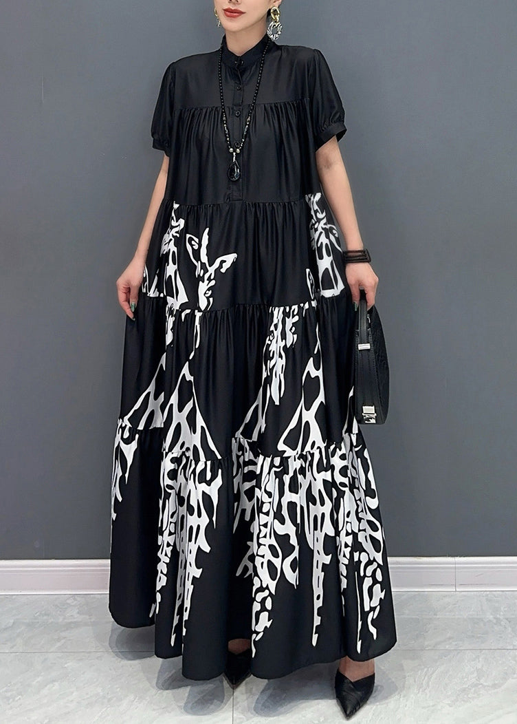 Black Stand Collar Button Maxi Dress Short Sleeve AY1050