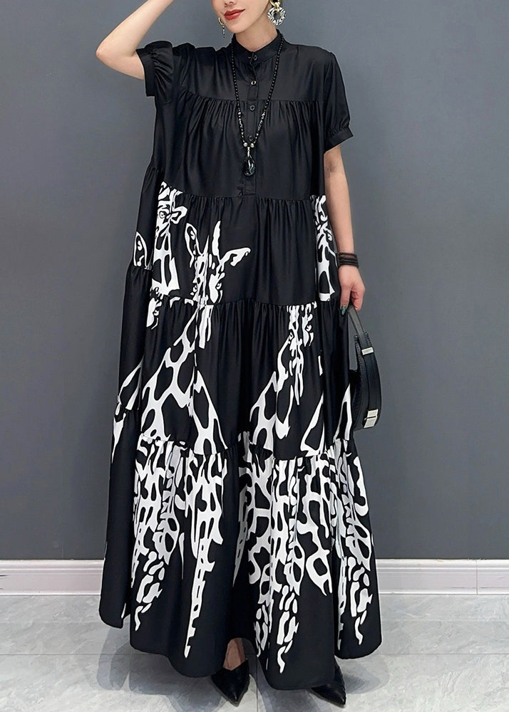 Black Stand Collar Button Maxi Dress Short Sleeve AY1050