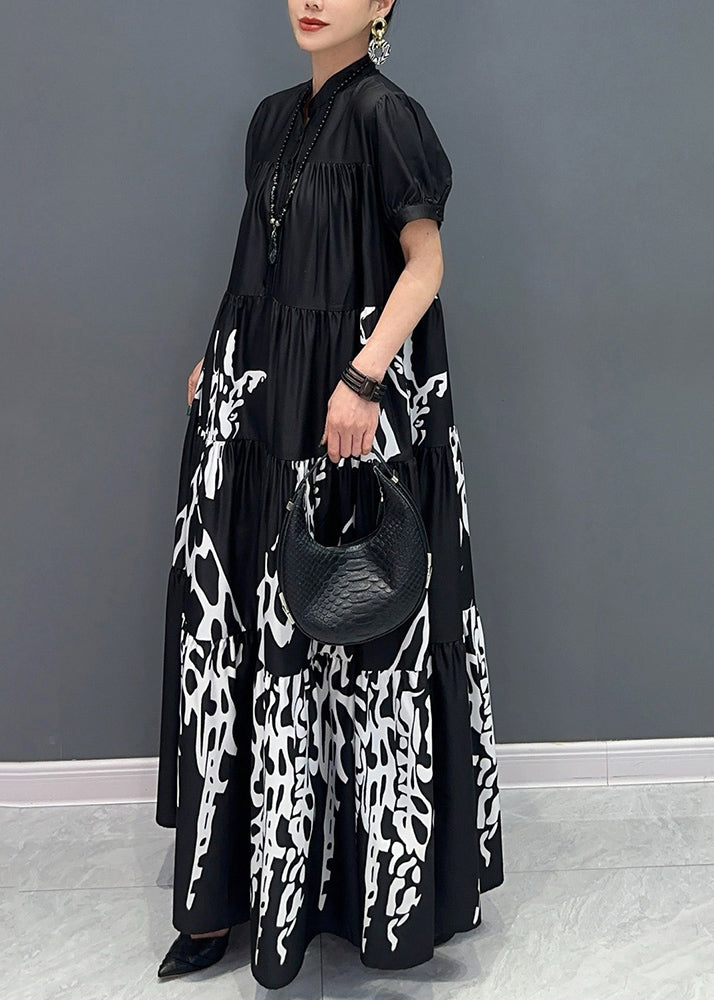 Black Stand Collar Button Maxi Dress Short Sleeve AY1050