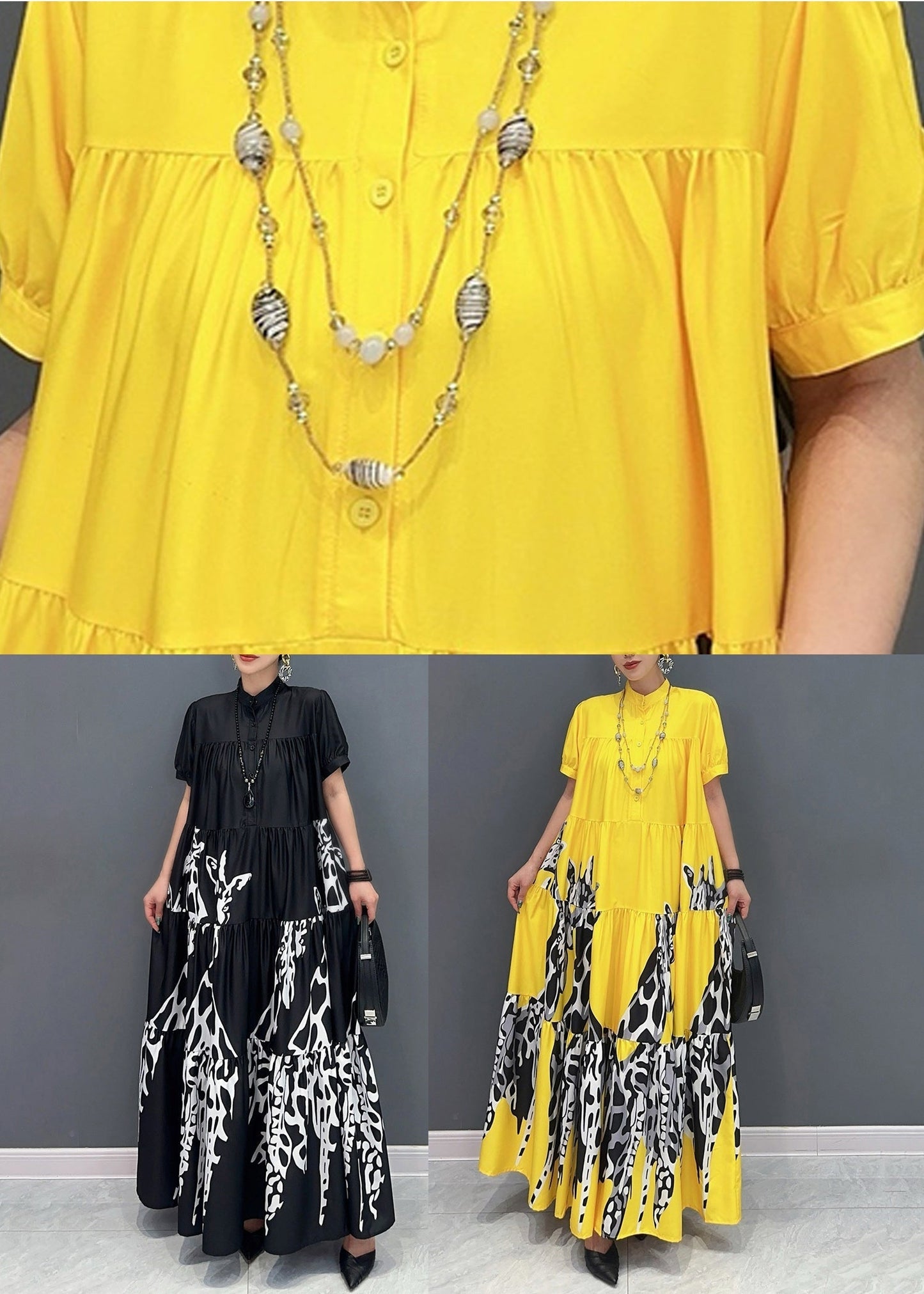 Black Stand Collar Button Maxi Dress Short Sleeve AY1050