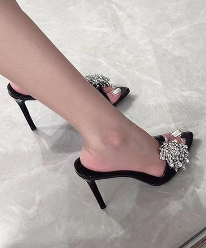 Leather Fashion Zircon Sandals Faux Black Stiletto Slide
