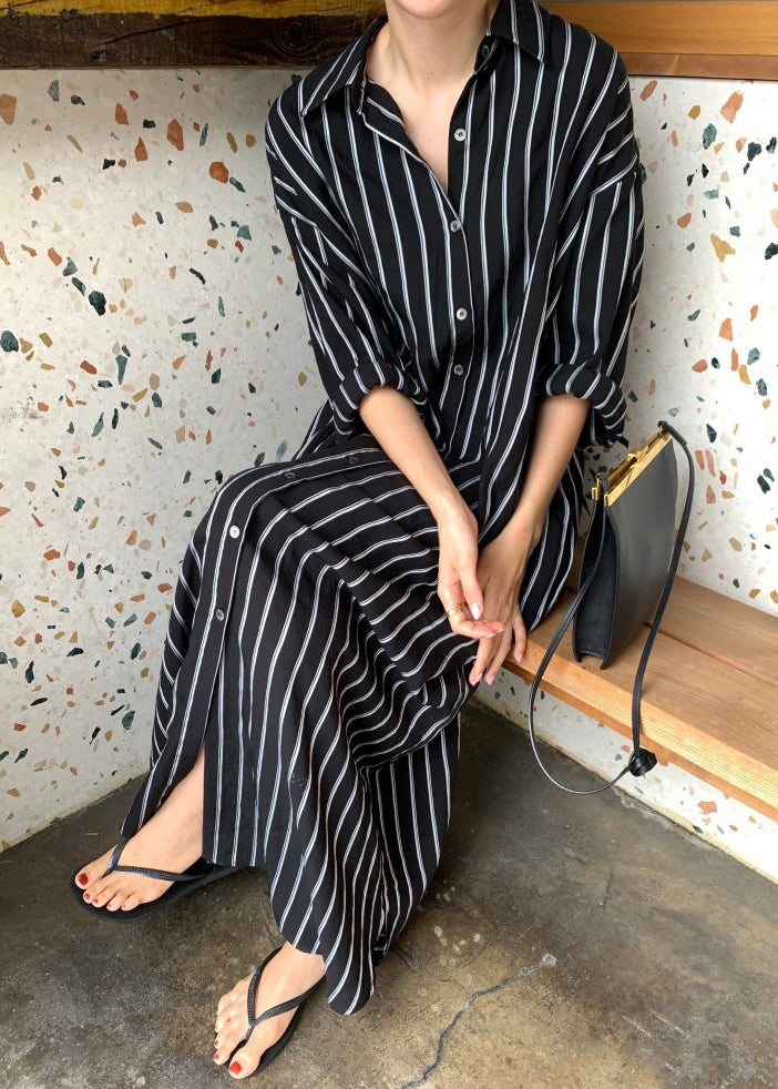 Black Striped Long Shirts Dresses Long Sleeve GH1046