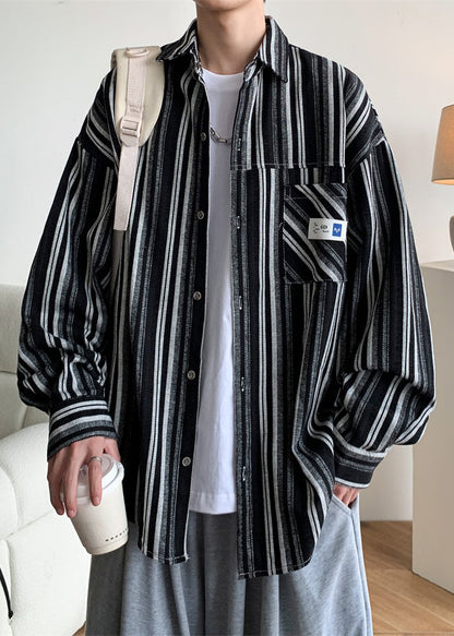 Übergroße Peter Spring Herren gestreifte Pan Cotton Black Collar Shirts