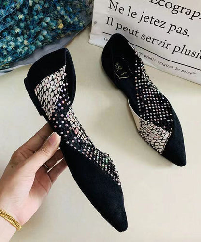 Chaussures plates en daim noir avec tulle et zircon AP1050