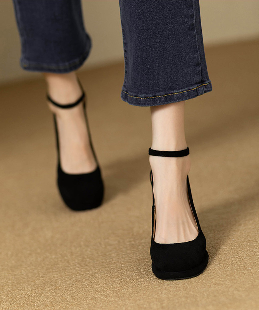 Buckle Hollow Black Heel Splicing Out Chunky Sandals Strap Suede