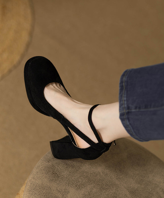 Buckle Hollow Black Heel Splicing Out Chunky Sandals Strap Suede