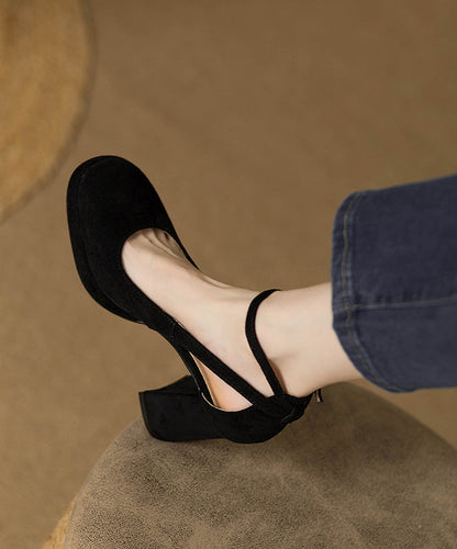 Buckle Hollow Black Heel Splicing Out Chunky Sandals Strap Suede