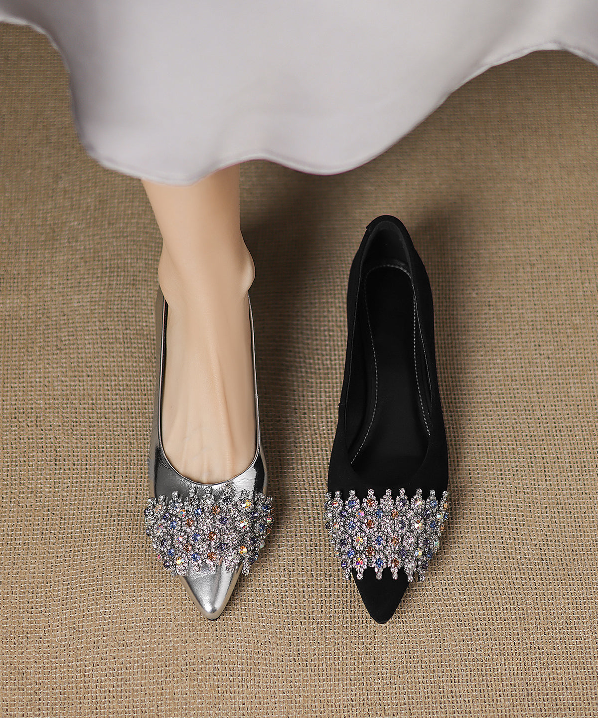 Black Flats Toe Zircon Pointed Unique Suede Splicing