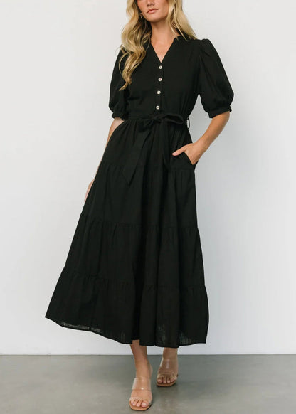 Robe longue en coton à taille nouée noire, col en V, manches courtes, AU1004