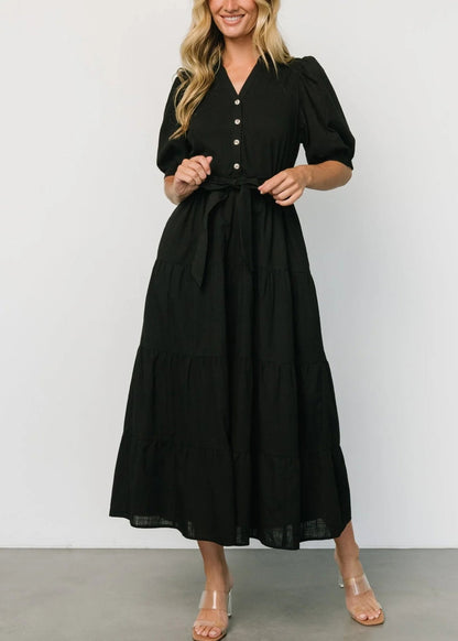 Robe longue en coton à taille nouée noire, col en V, manches courtes, AU1004