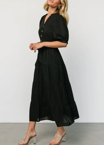 Robe longue en coton à taille nouée noire, col en V, manches courtes, AU1004