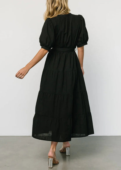 Robe longue en coton à taille nouée noire, col en V, manches courtes, AU1004