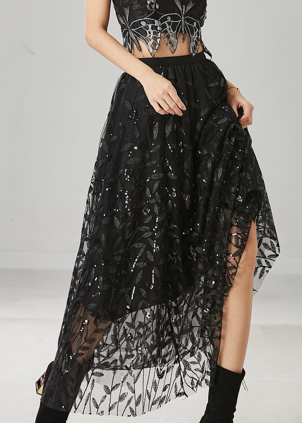 Black Tulle Holiday Skirt Leaf Sequins Spring YU1019