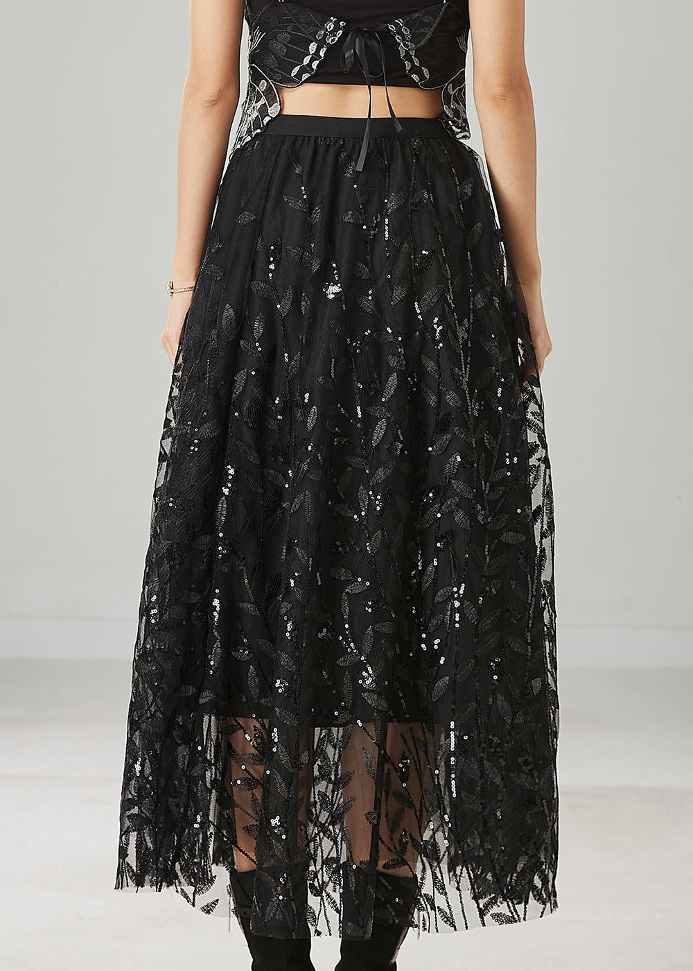 Black Tulle Holiday Skirt Leaf Sequins Spring YU1019