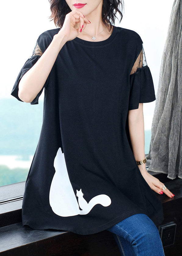 Kurzes Hemd mit Ärmeln aus Tüll-Patchwork in Schwarz