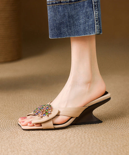 Wedge Black Slide Chic Splicing Zircon Sheepskin Sandals