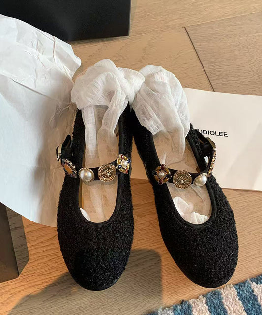 Women Buckle Black Strap Splicing Flat Woolen Shoes