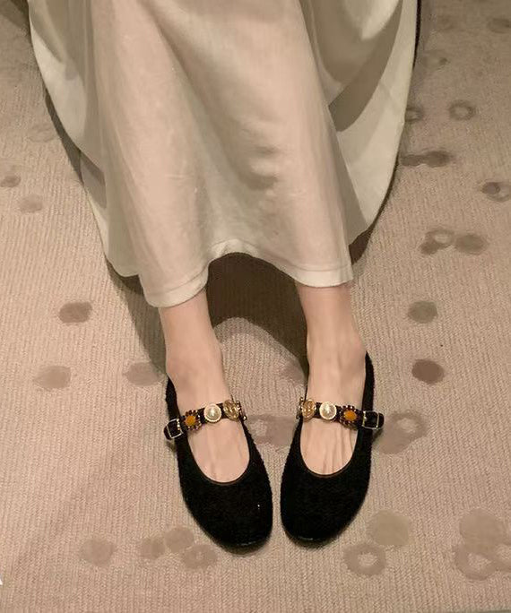 Women Buckle Black Strap Splicing Flat Woolen Shoes
