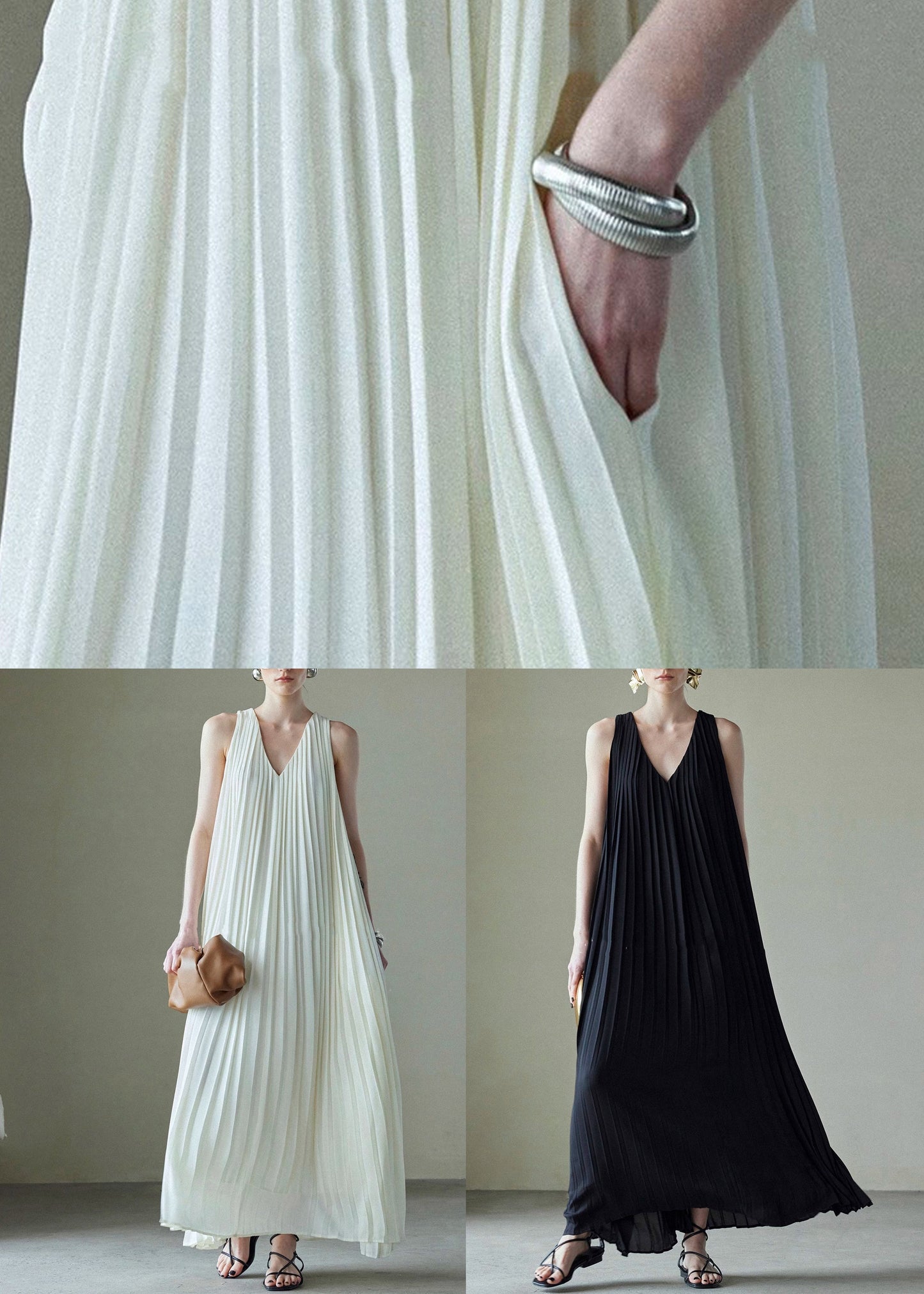 V Wrinkled Long Chiffon Summer Pockets Neck Black Dress