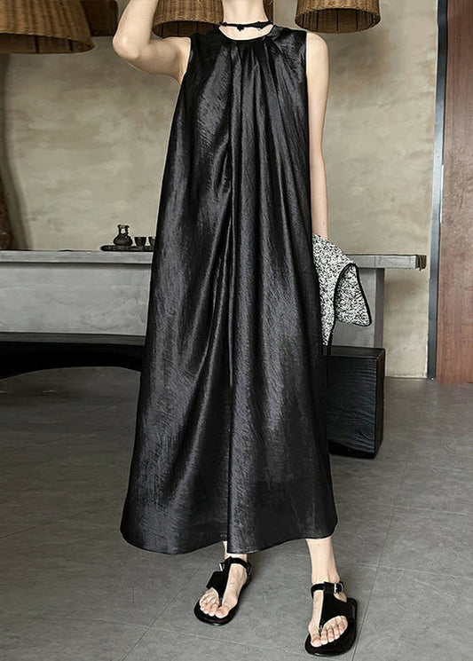 Summer Neck Dress Wrinkled O Silk Long Black