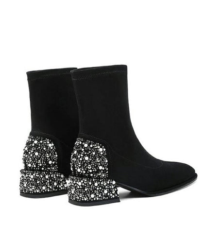 Bottes en daim épaisses et élégantes avec épissure de zircon noir WT023