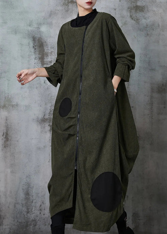 Blackish Green Dot Cotton Trench Coat Asymmetrical Spring Ada Fashion