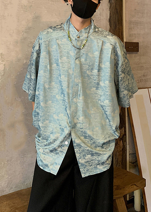 Blue Button Ice Silk Men Shirts Stand Collar Half Sleeve YT077