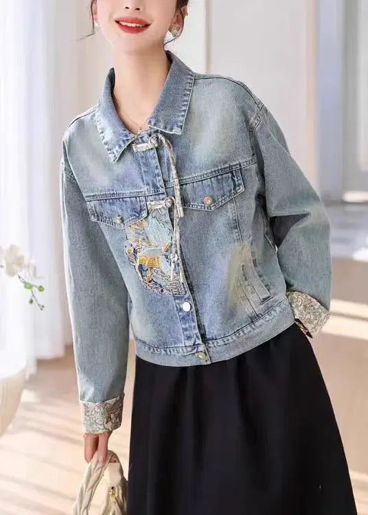 Blue Button Patchwork Denim Coats Peter Pan Collar Spring Ada Fashion