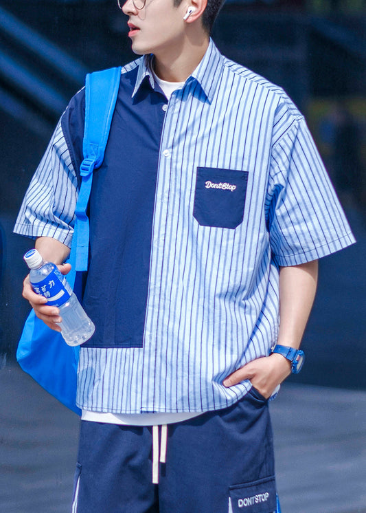 Hemden Herren Knopf Blau Baumwolle Asymmetrisch Sommer Taschen