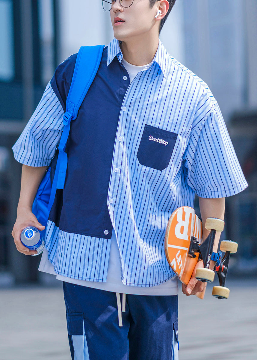 Hemden Herren Knopf Blau Baumwolle Asymmetrisch Sommer Taschen