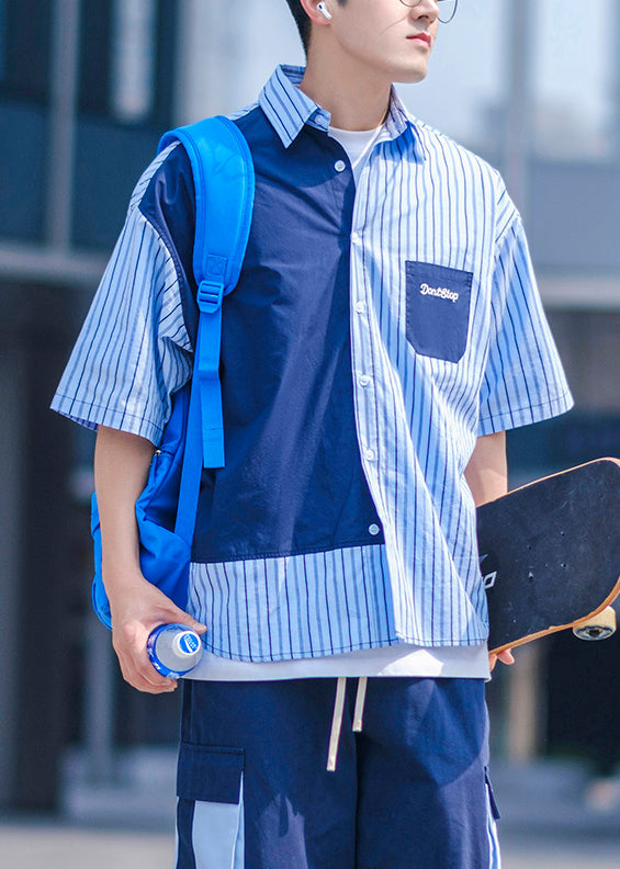 Hemden Herren Knopf Blau Baumwolle Asymmetrisch Sommer Taschen