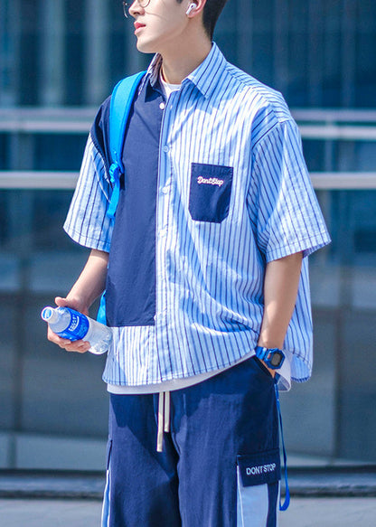 Hemden Herren Knopf Blau Baumwolle Asymmetrisch Sommer Taschen